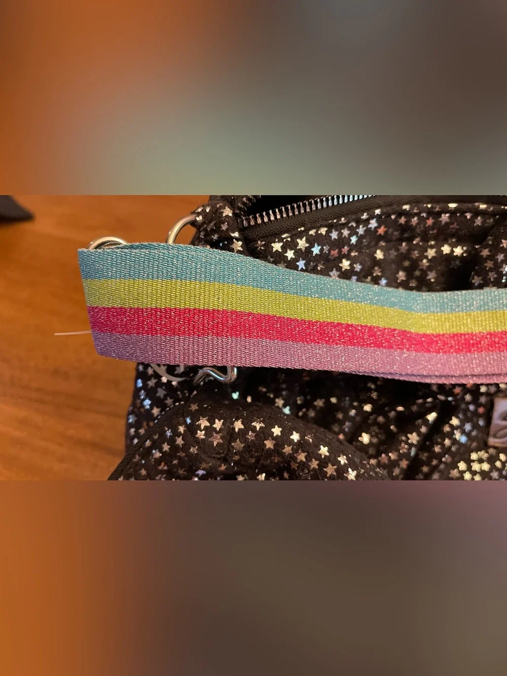 Justice Black and silver Star-Print duffle Bag with Rainbow Strap new